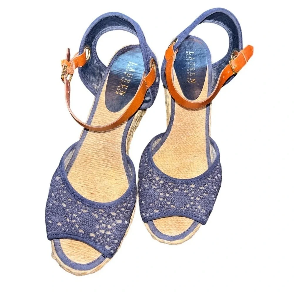 Lauren Ralph Lauren Wedge Espadrille Sandal Women Navy Lace Peep Toe 10 jute 3.5